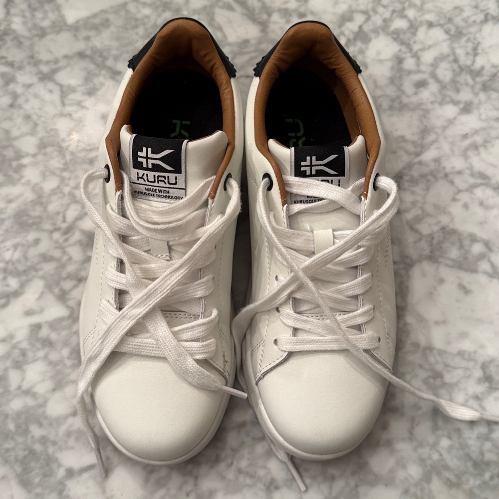 ROAM Women’s Leather Court Sneaker — White with Tan & Black Accents